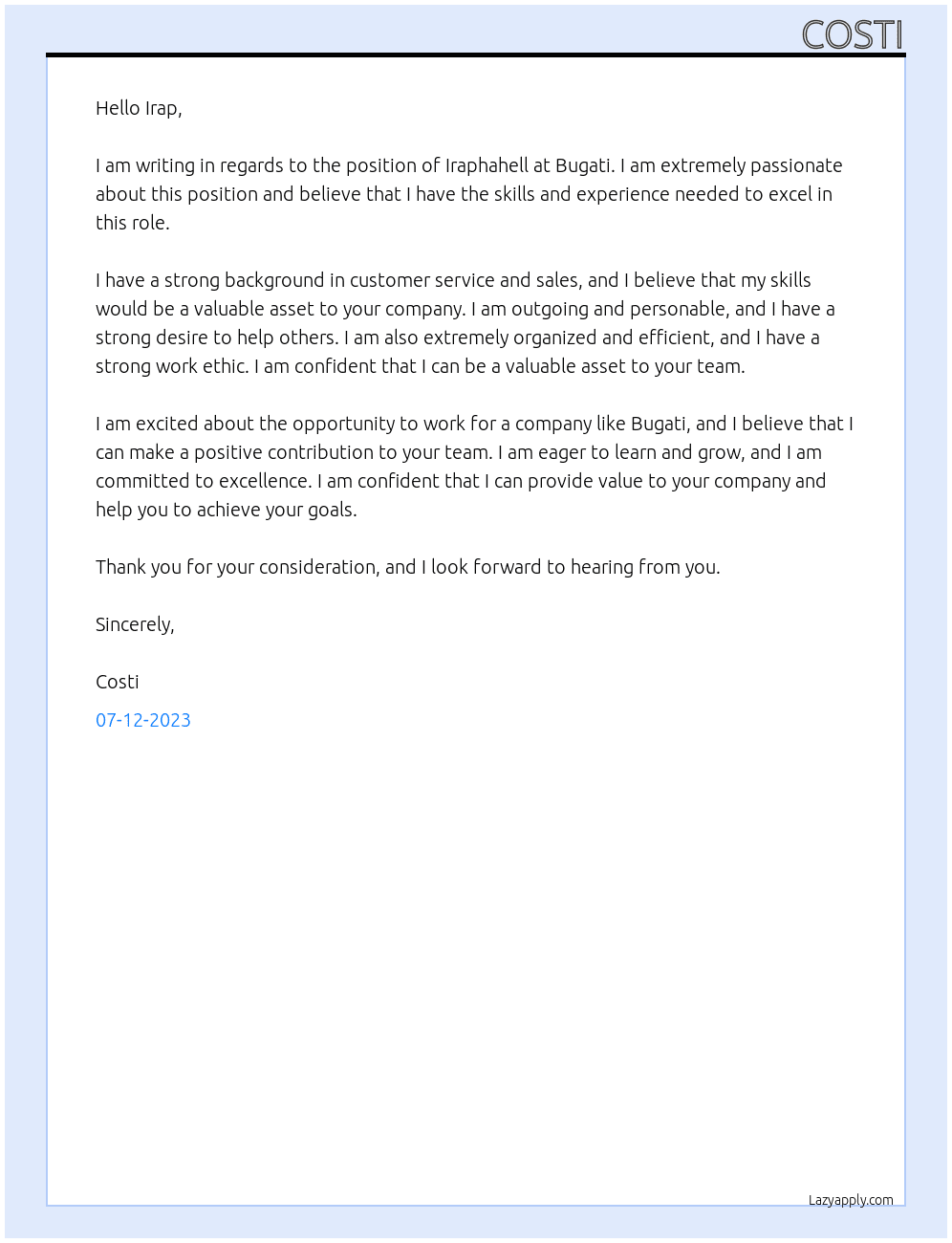 Iraphahell  At Bugati Cover Letter