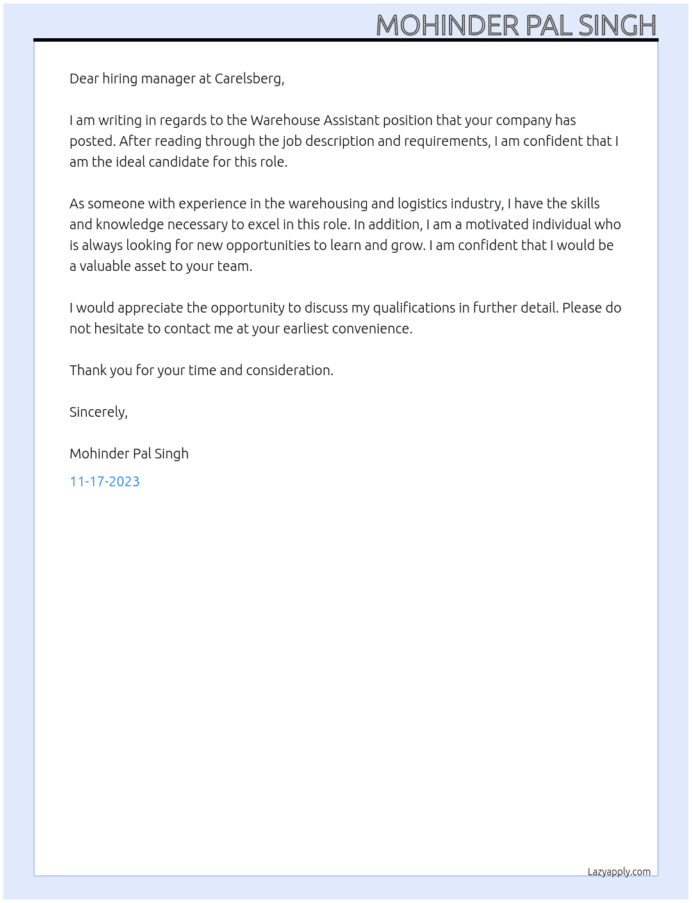 Warehouse Assistant At Carelsberg Cover Letter