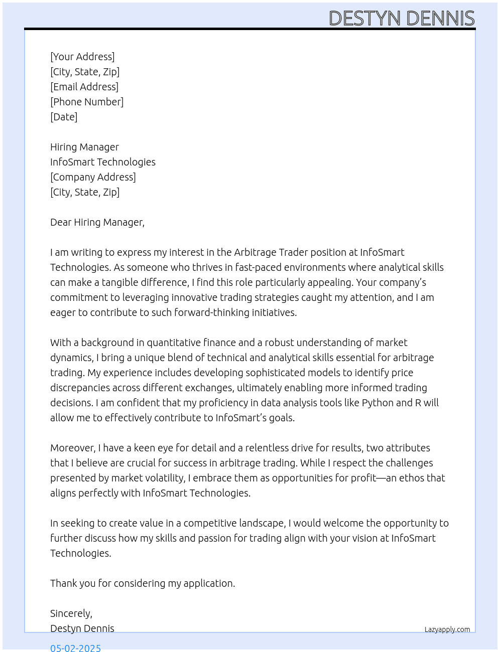 Cover letter for arbitrage trader - LazyApply