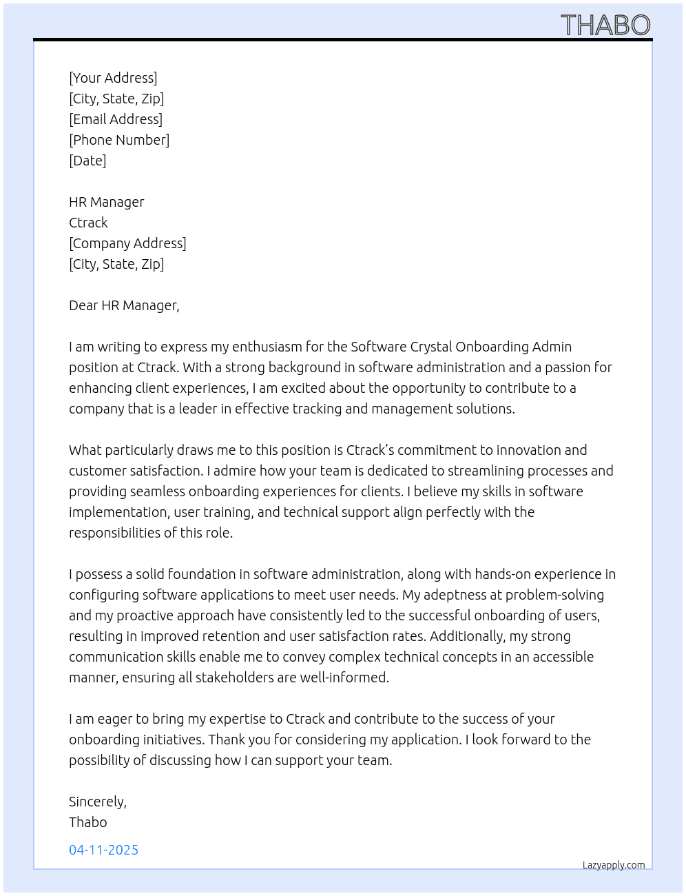 Software Crystal Onboarding Admin At Ctrack Cover Letter