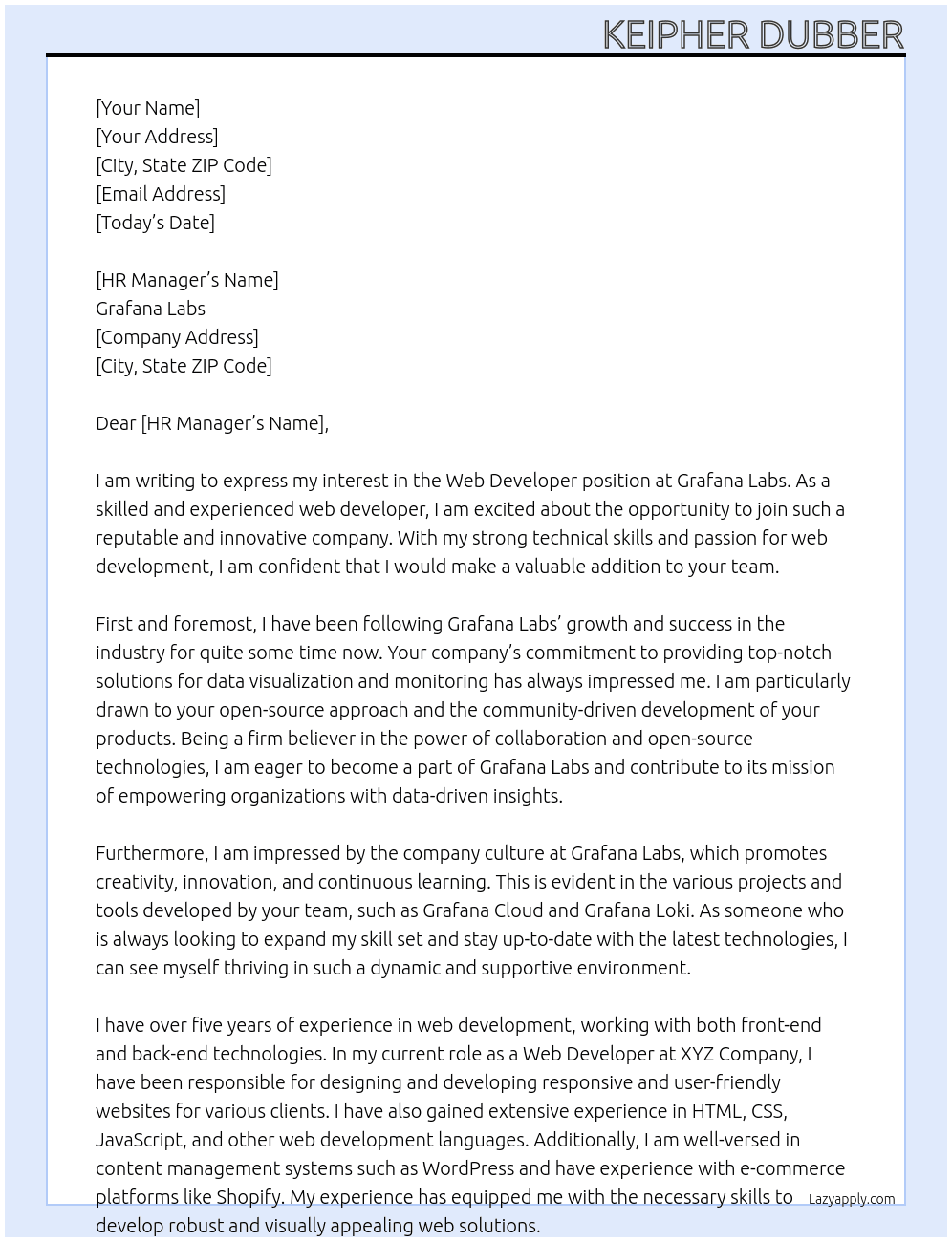 Web Developer  At Grafana Labs  Cover Letter