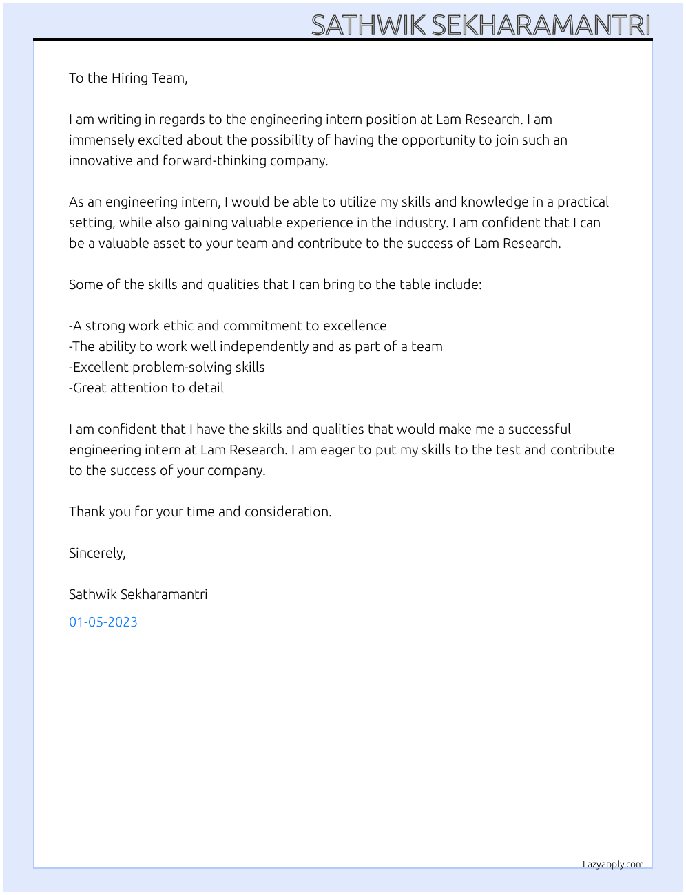 Engineering Intern At Lam Research Cover Letter