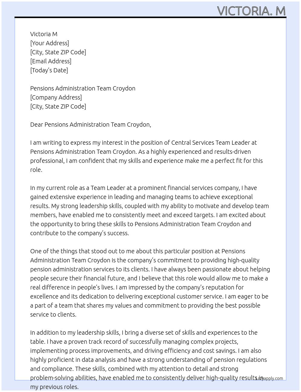 Central Services Team Leader At Pensions Administration Team Croydon Cover Letter