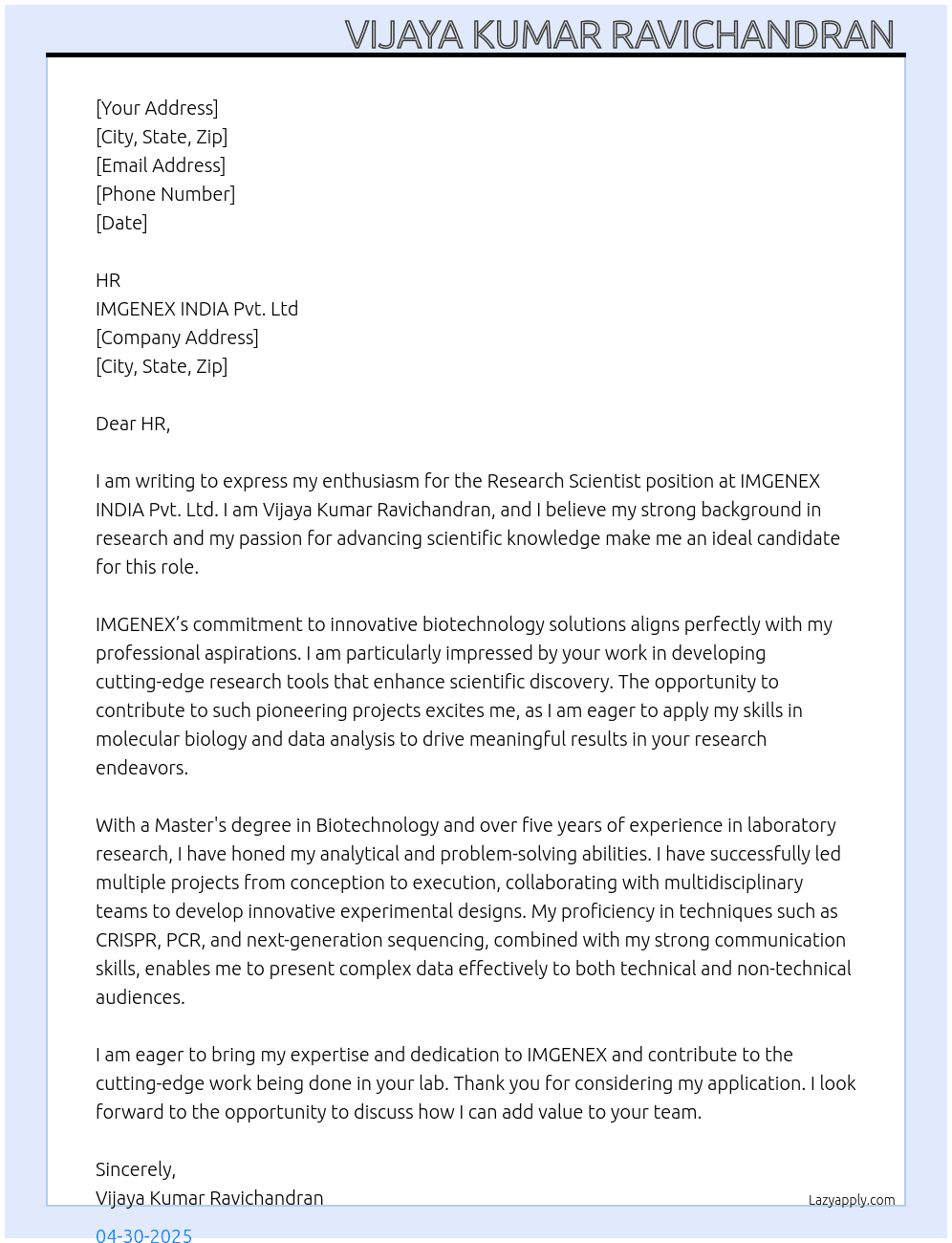 Research scientist  At IMGENEX INDIA Pvt. Ltd Cover Letter