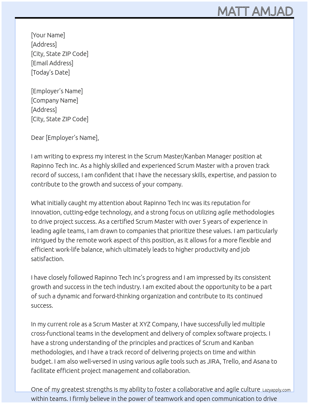 Scrum Master / Kanban Manager  Remote, OR, United States At Rapinno Tech Inc Cover Letter