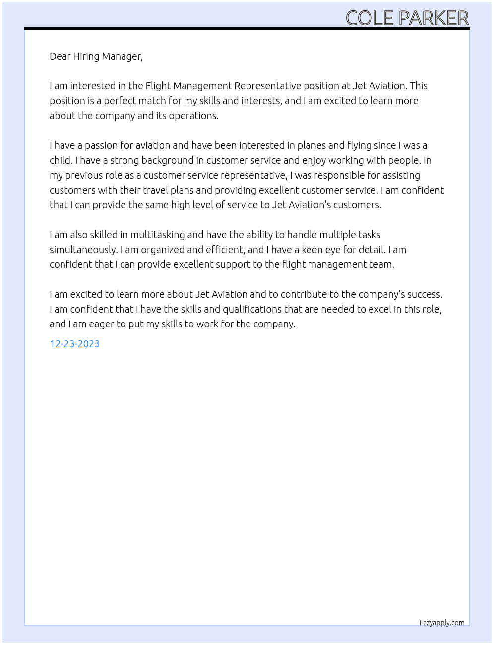 Flight Management Representative At Jet Aviation Cover Letter