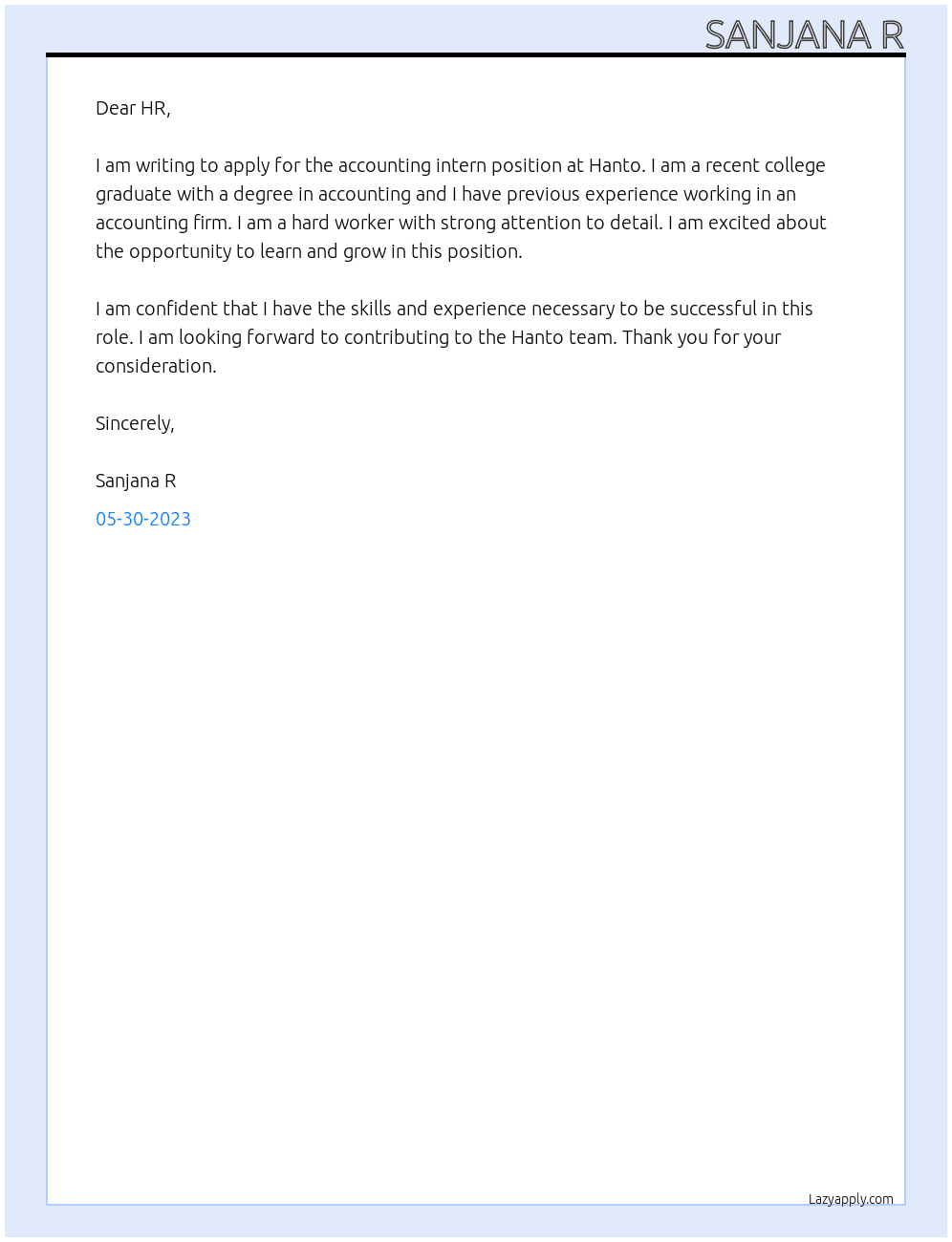 accounting intern At Hanto Cover Letter