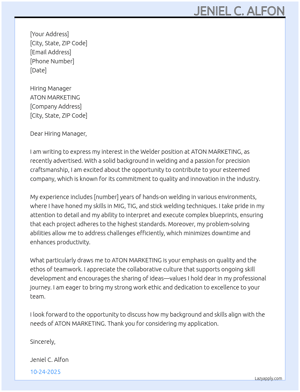 Welder At ATON MARKETING  Cover Letter