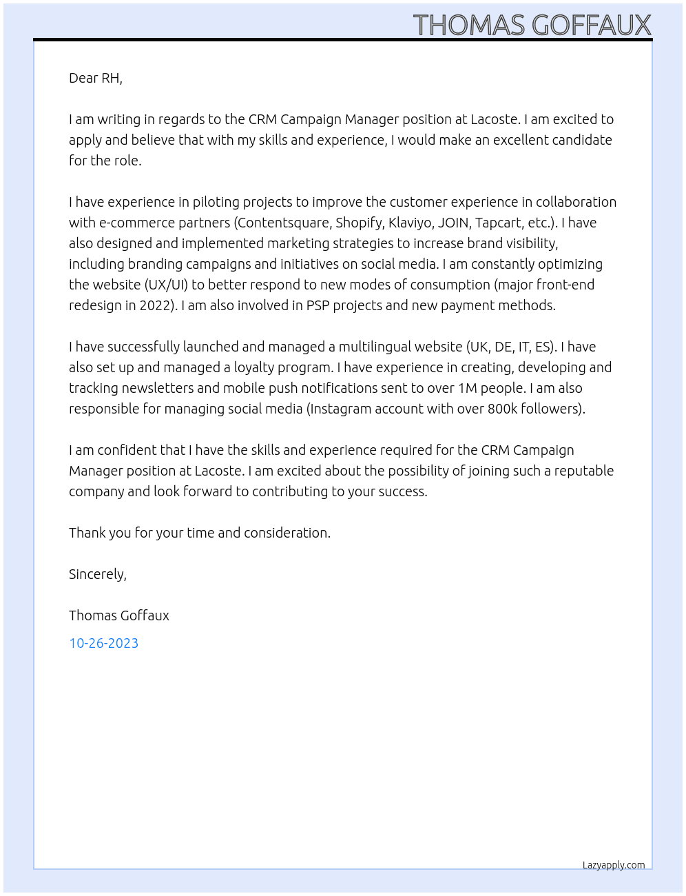 CRM Campaign Manager At Lacoste Cover Letter