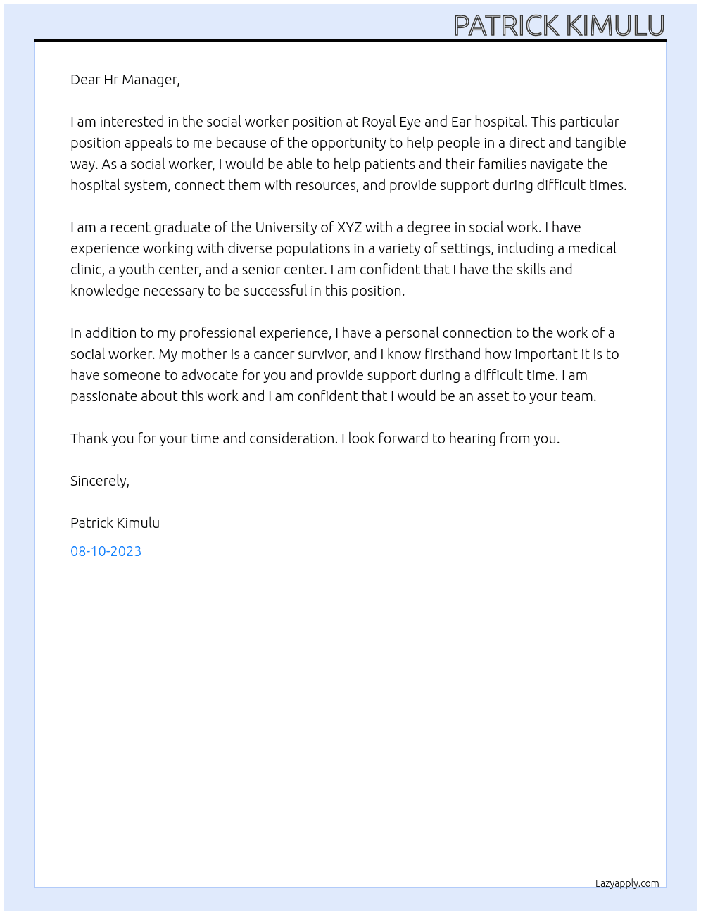 Social worker At Royal Eye and Ear hospital  Cover Letter
