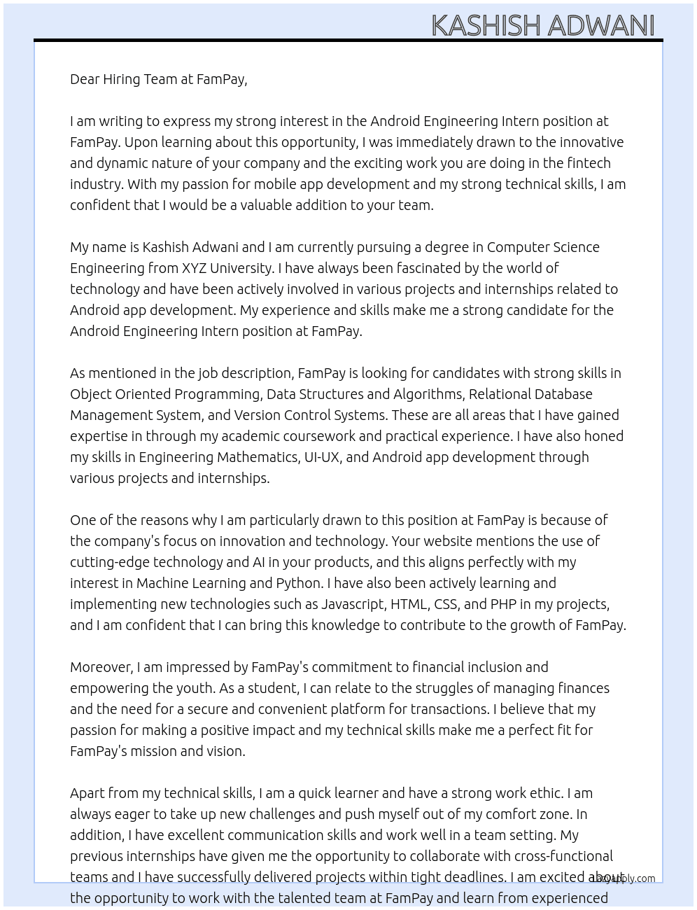 Android Engineering Intern At FamPay Cover Letter