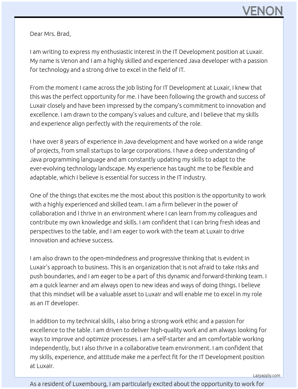 Brad of IT development At Luxair Cover Letter