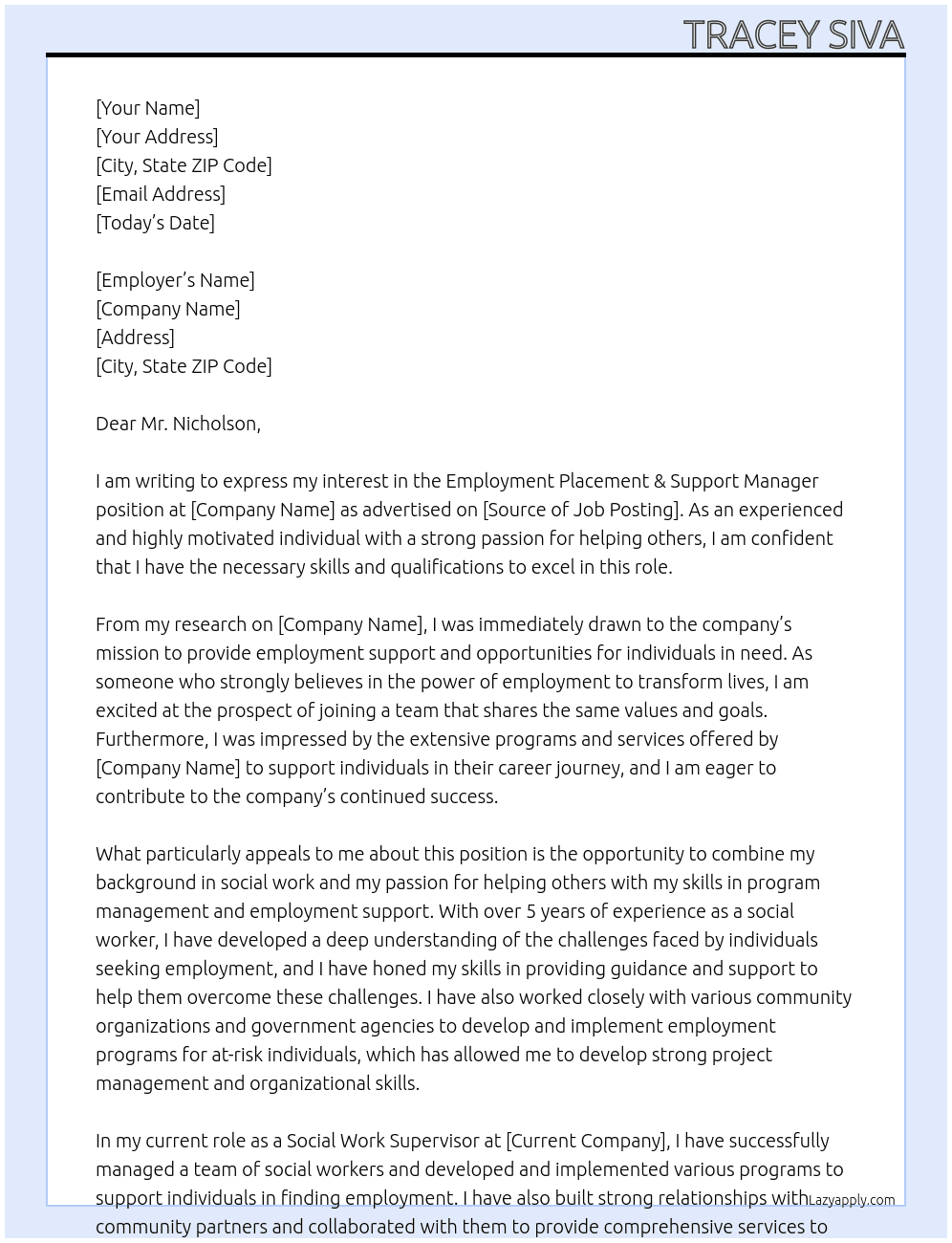 Employment Placement & Support Manager At Tracey Siva Cover Letter