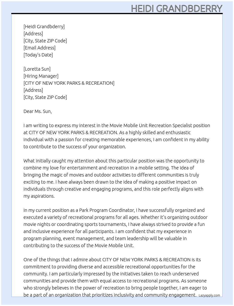  Movie Mobile Unit Recreation Specialist At CITY OF NEW YORK PARKS & RECREATION Cover Letter