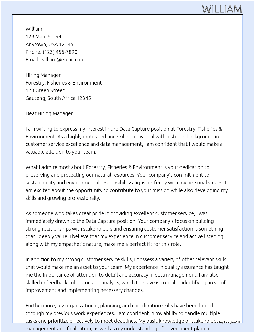 Data Capture At Forestry,fisheries & environment Cover Letter