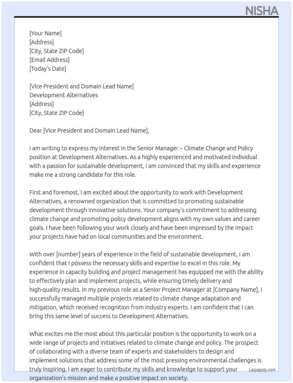 Senior Manager – Climate Change and Policy, Development Alternatives At Development Alternatives Cover Letter