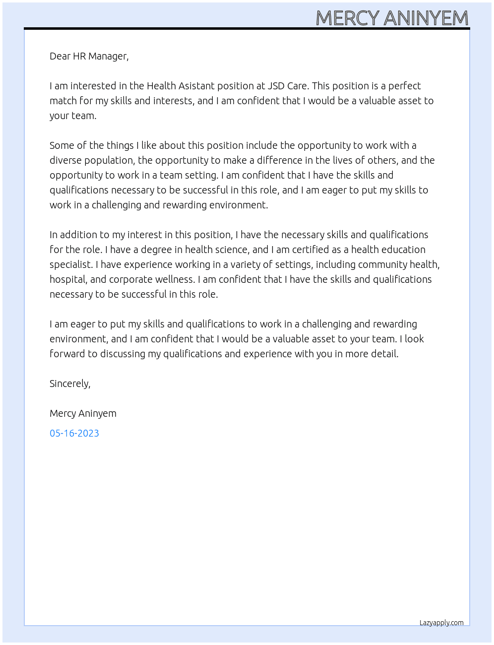 Health Asistant At JSD Care Cover Letter