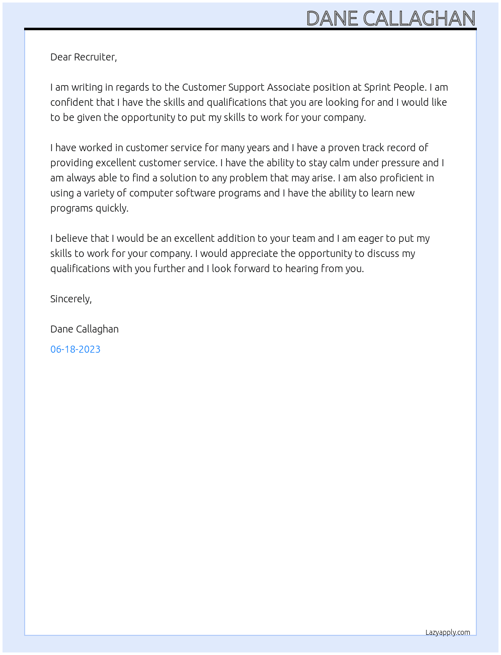 Customer Support Associate At Sprint People Cover Letter