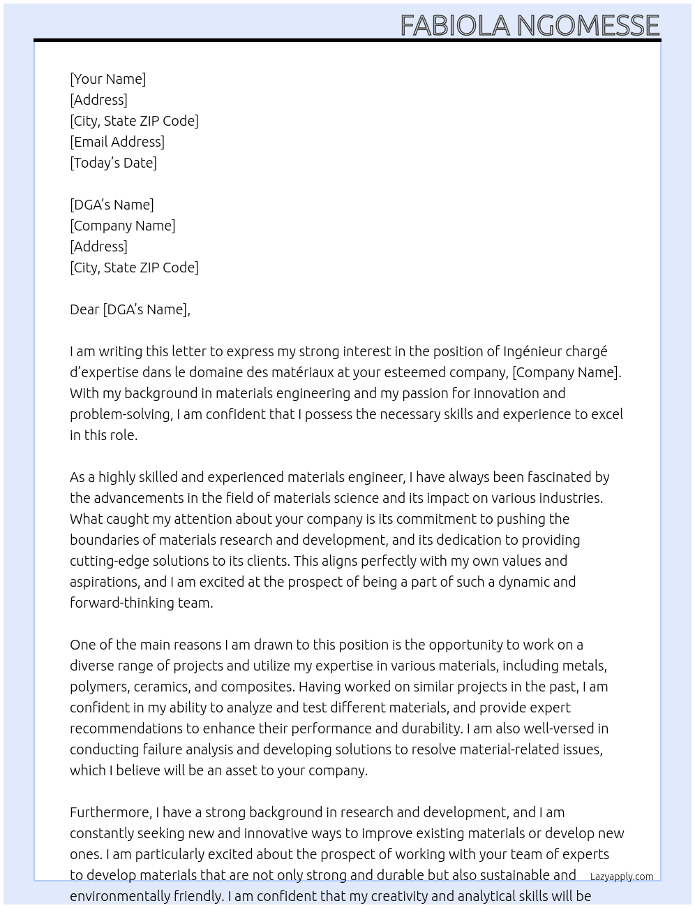 Ingénieur chargé d’expertise dans le domaine des matériaux At DGA Cover Letter
