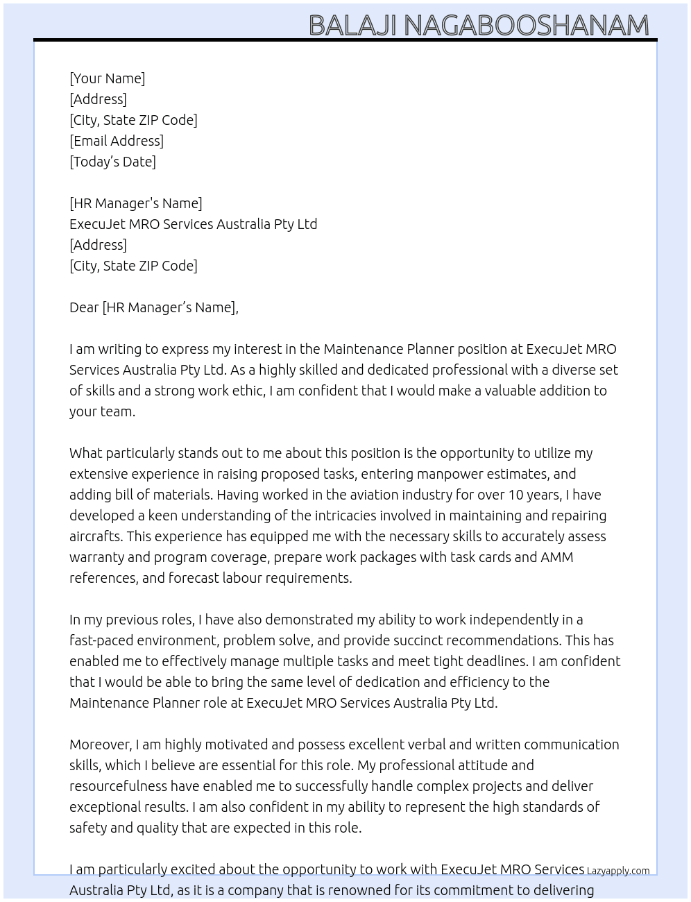 Maintenance Planner At ExecuJet MRO Services Australia Pty Ltd Cover Letter