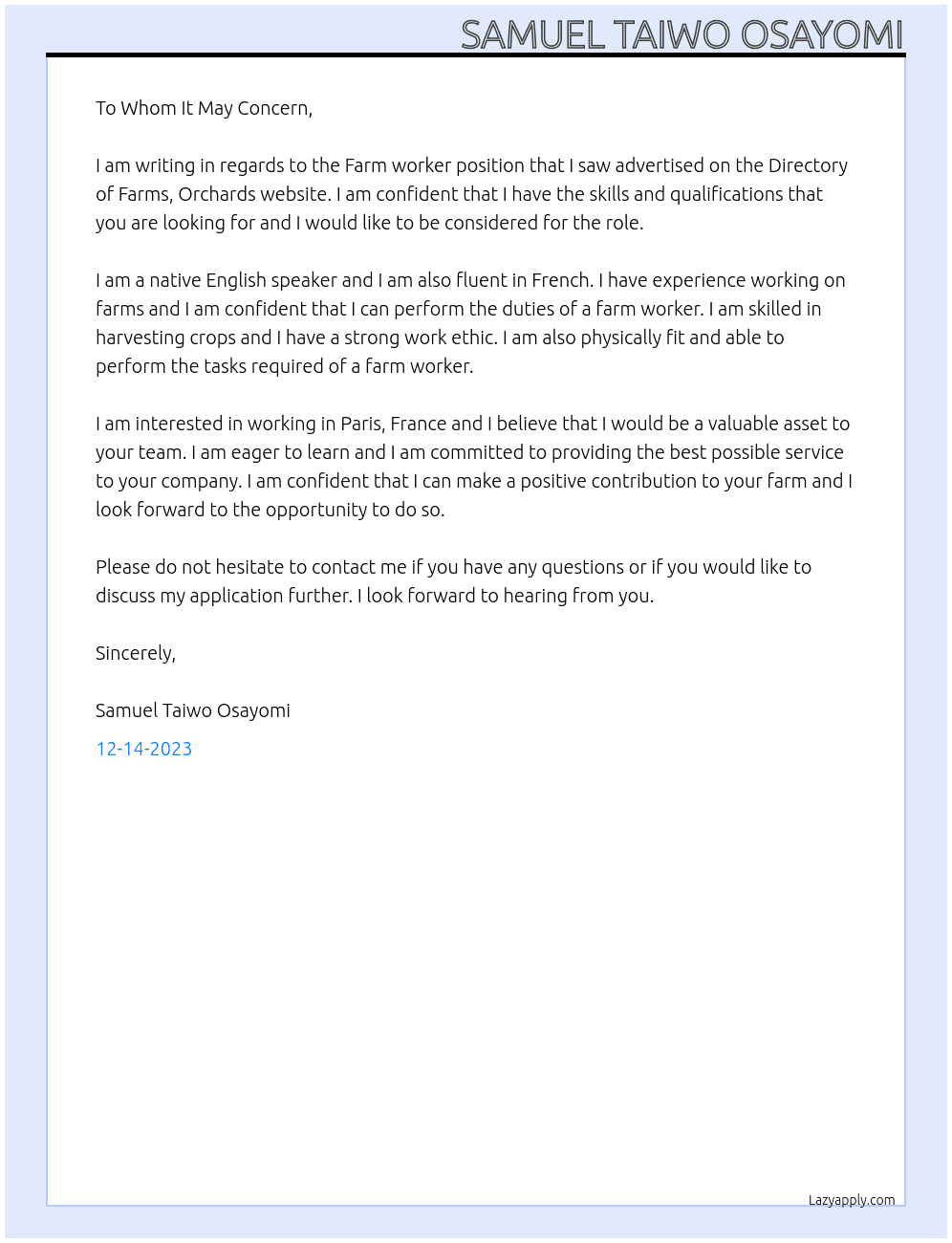 Farm worker, English & French Speaking Speaking At Directory of Farms, Orchards Cover Letter