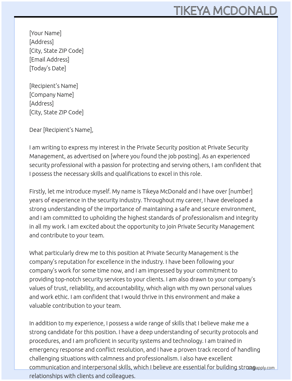 Private security  At Private security Management Cover Letter