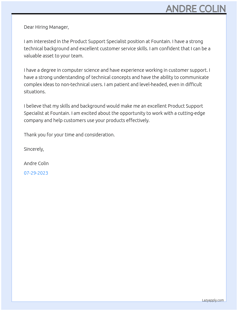 Product Support Specialist At Fountain Cover Letter
