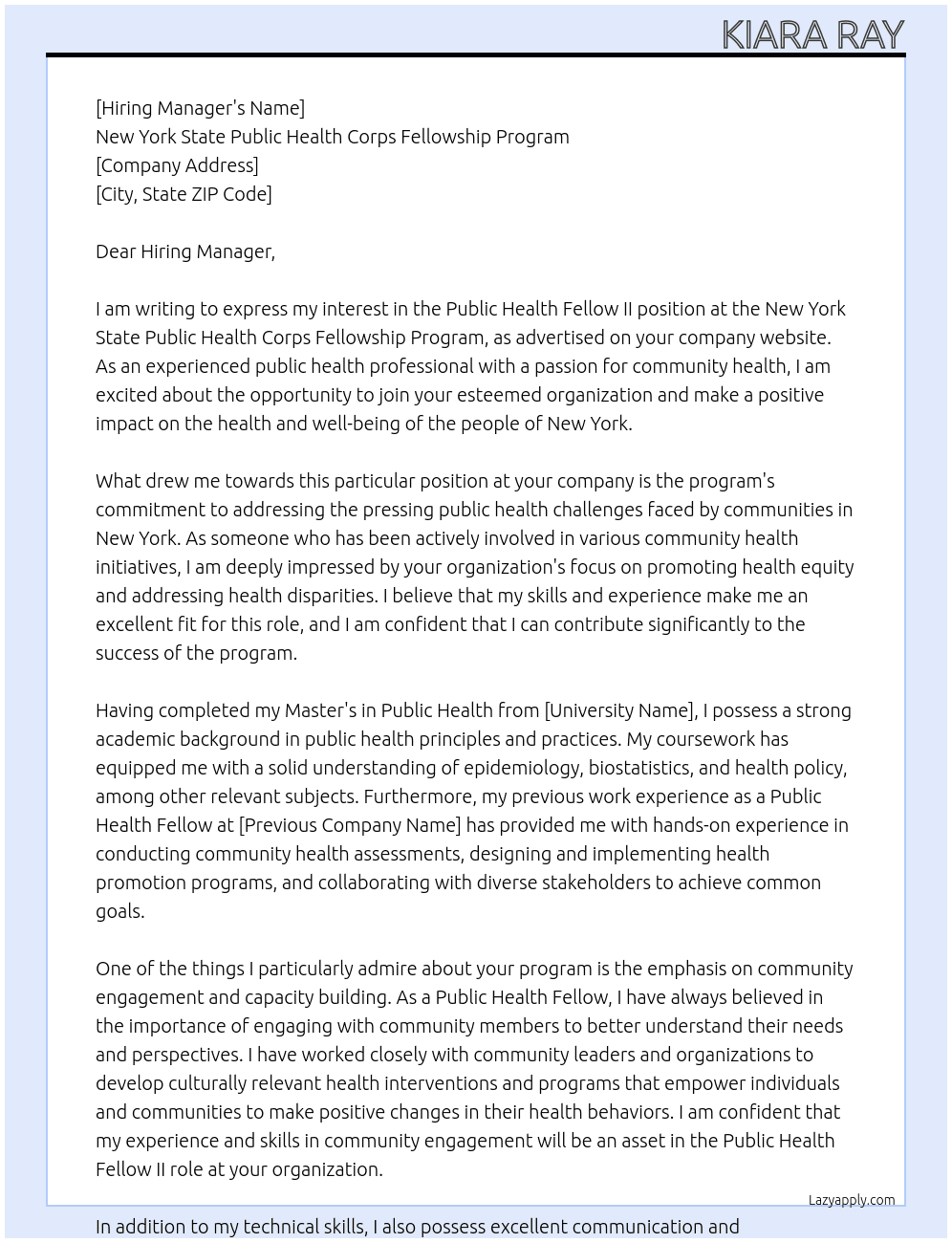 Public Health Fellow II At New York State Public Health Corps Fellowship Program Cover Letter