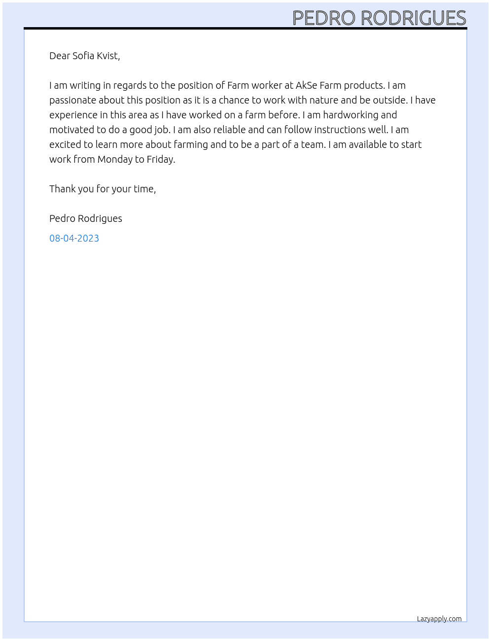 Farm worker At AkSe Farm products Cover Letter