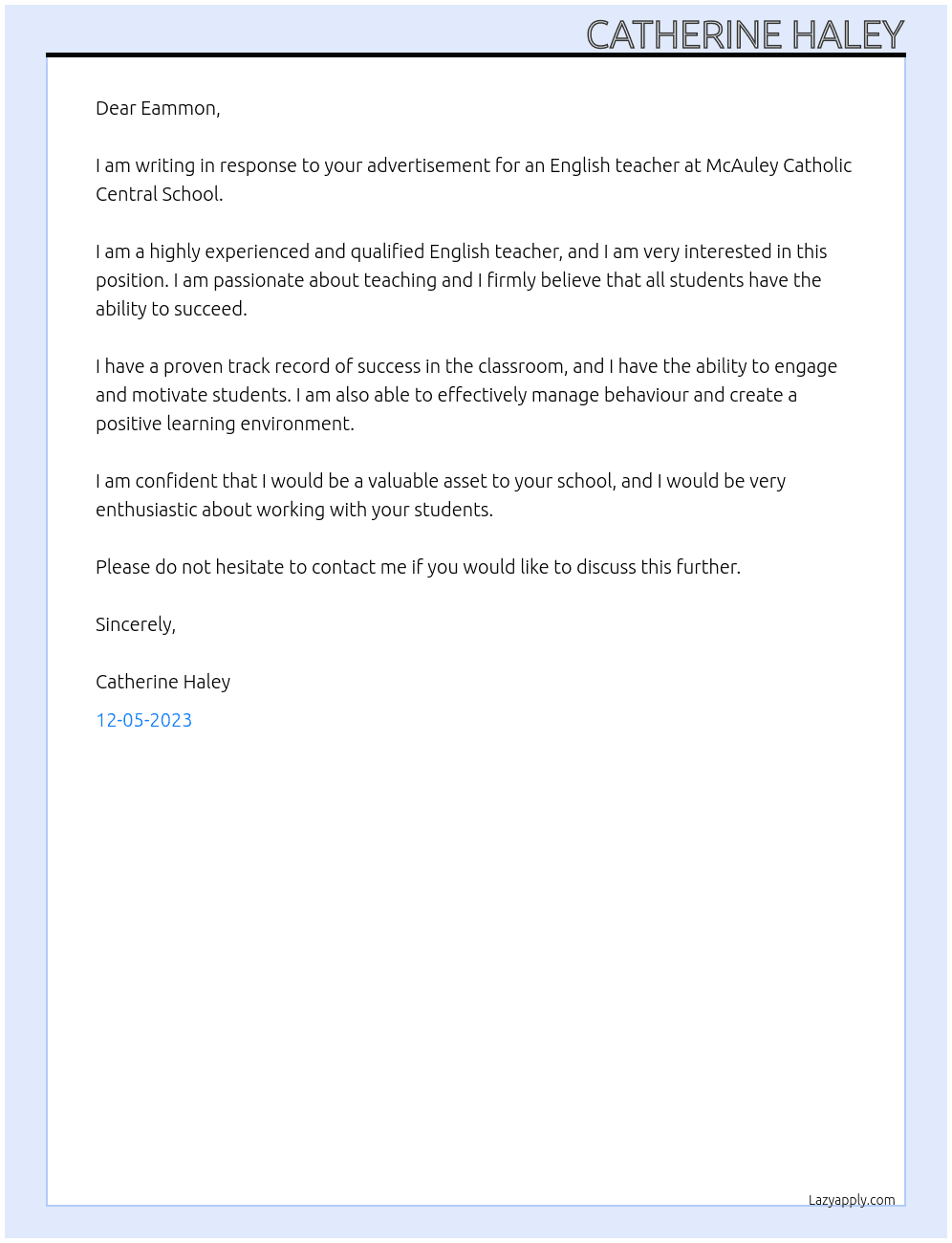 English teacher At McAuley Catholic Central School Cover Letter