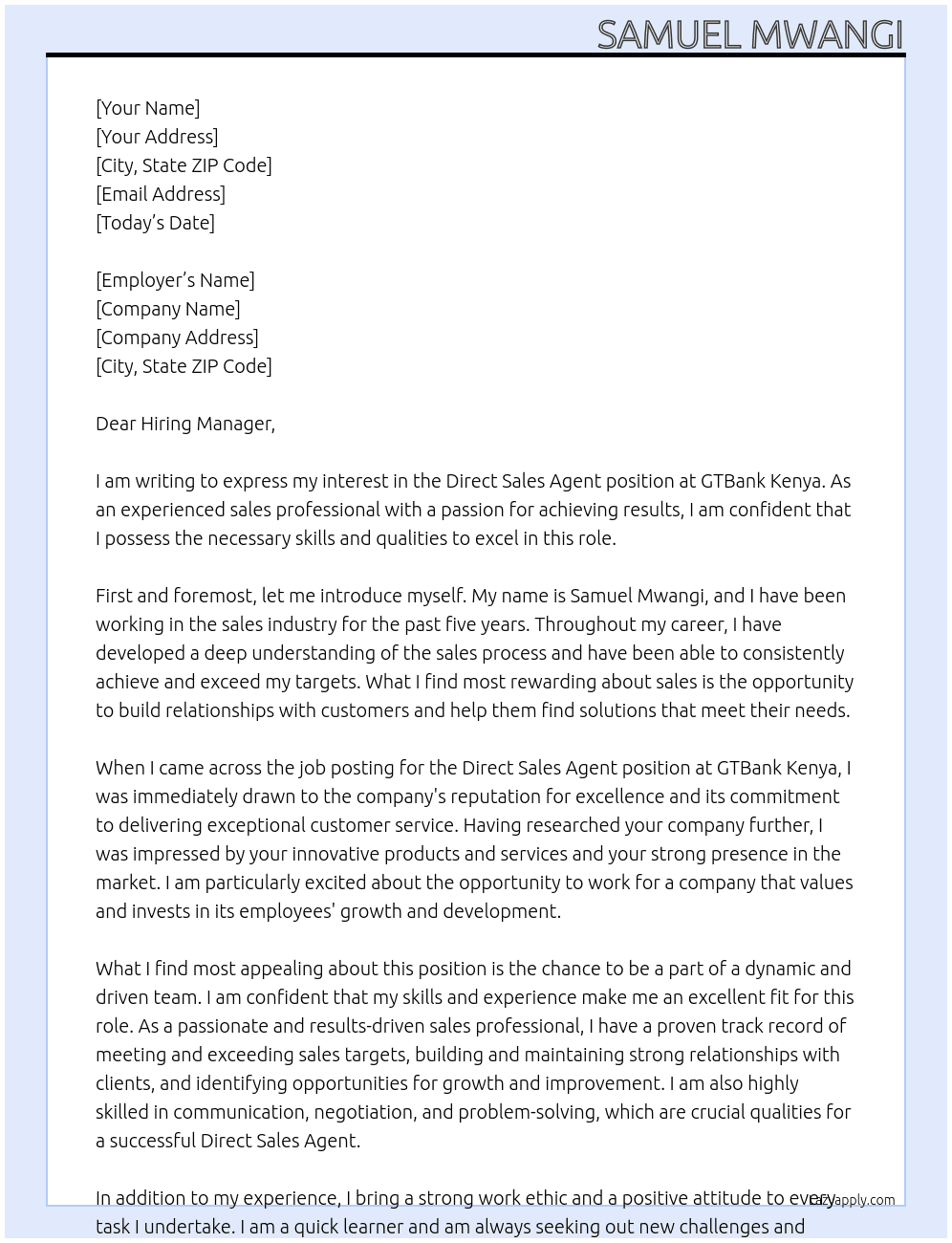 Direct sale agent At GTBank Kenya Cover Letter
