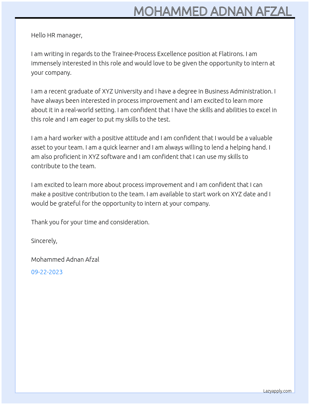 Trainee-Process Excellence  At Flatirons Cover Letter