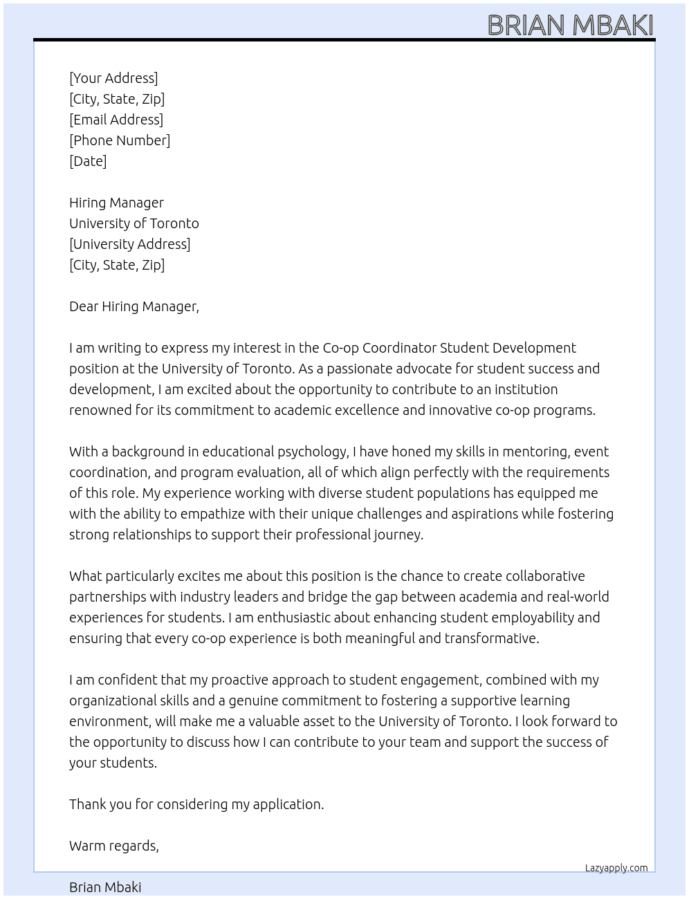 Co-op Coordinator Student Development At University of Toronto Cover Letter