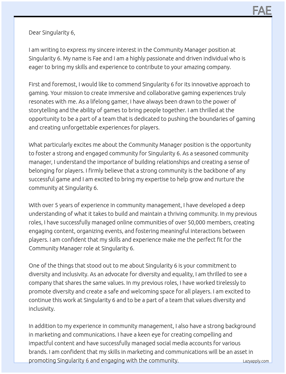 Community Manager At Singulartiy 6 Cover Letter