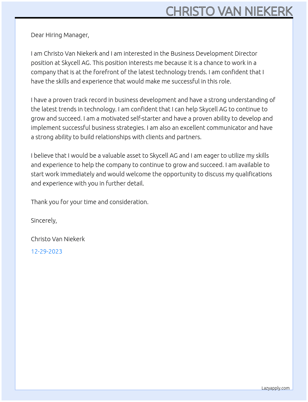 Business Development Director At Skycell AG Cover Letter