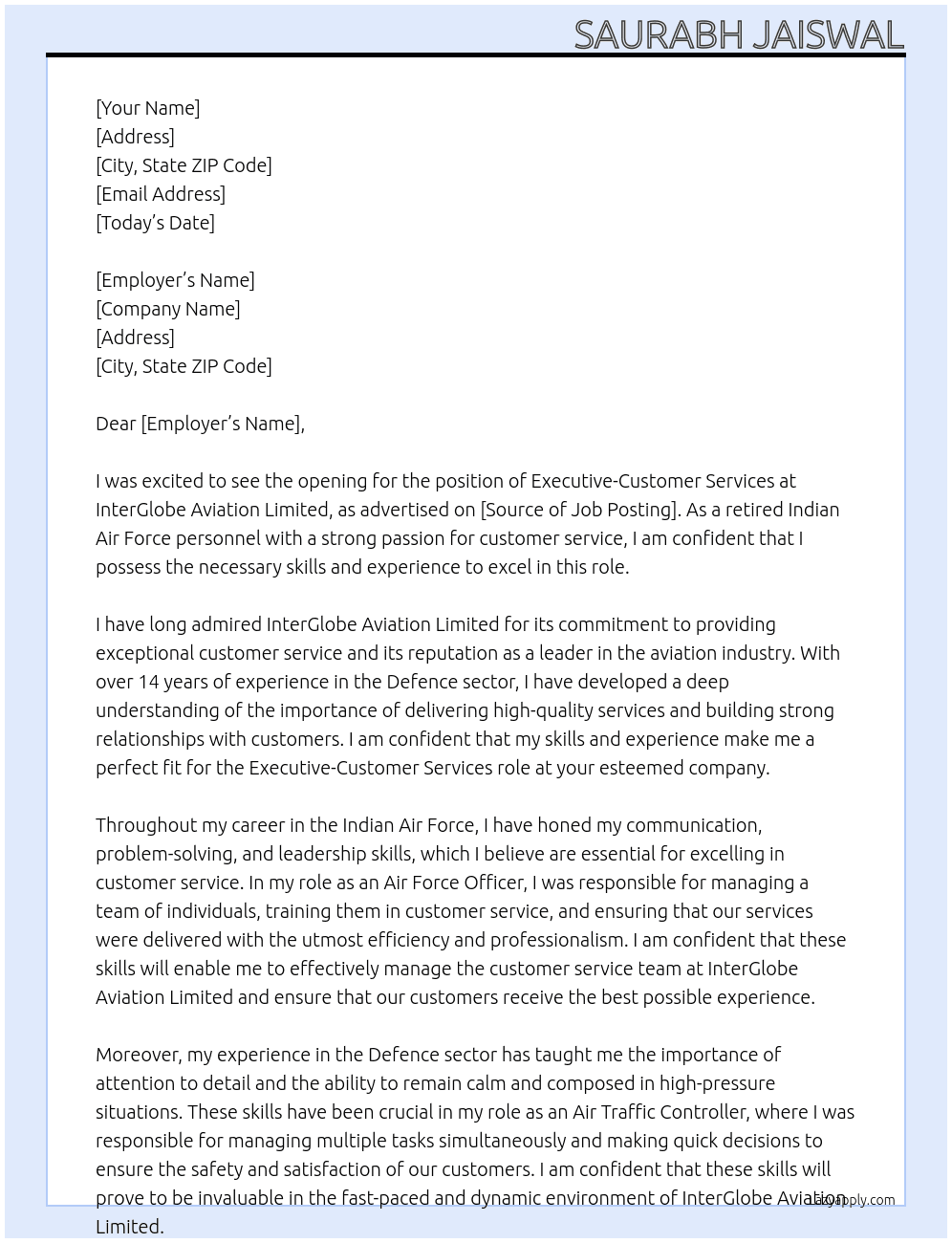 Executive-Customer Services At InterGlobe Aviation Limited Cover Letter
