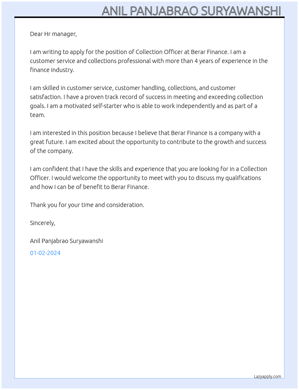 Collection Officer  At Berar Finance  Cover Letter