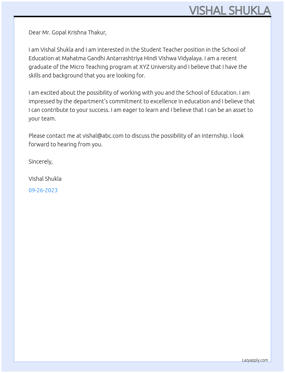 Student teacher At Mahatma Gandhi Antarrashtriya Hindi Vishwa Vidyalaya Cover Letter