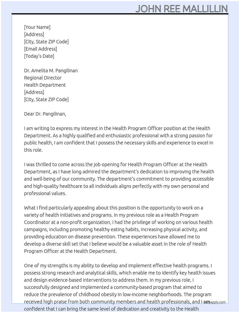 Health Program Officer At Health Department Cover Letter