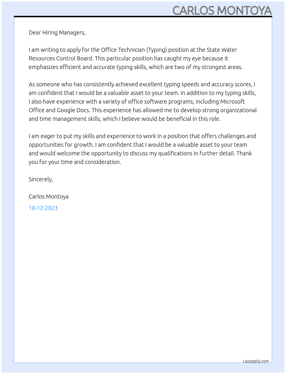 OFFICE TECHNICIAN (TYPING) At State Water Resources Control Board Cover Letter