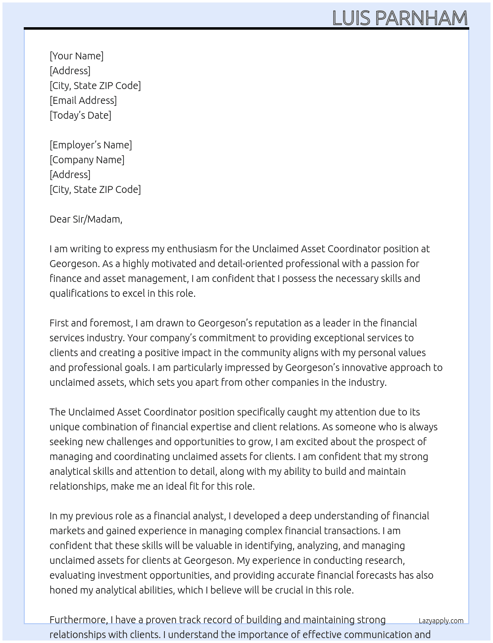 Unclaimed asset coordinator At Georgeson Cover Letter