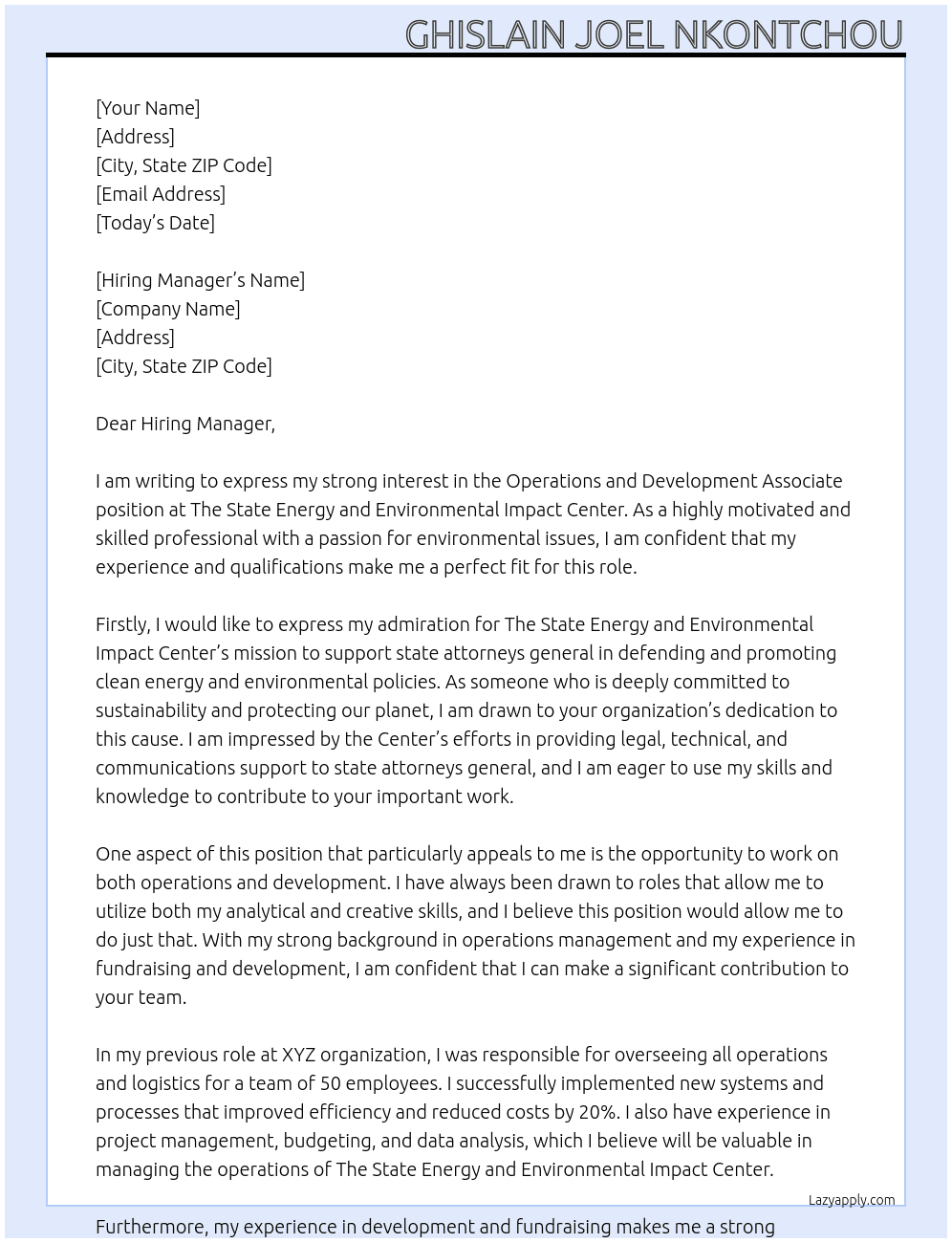 Operations and Development Associate At The State Energy and Environmental Impact Center Cover Letter