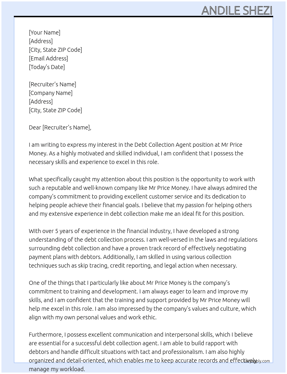 Debt Collection Agent At Mr Price Money Cover Letter