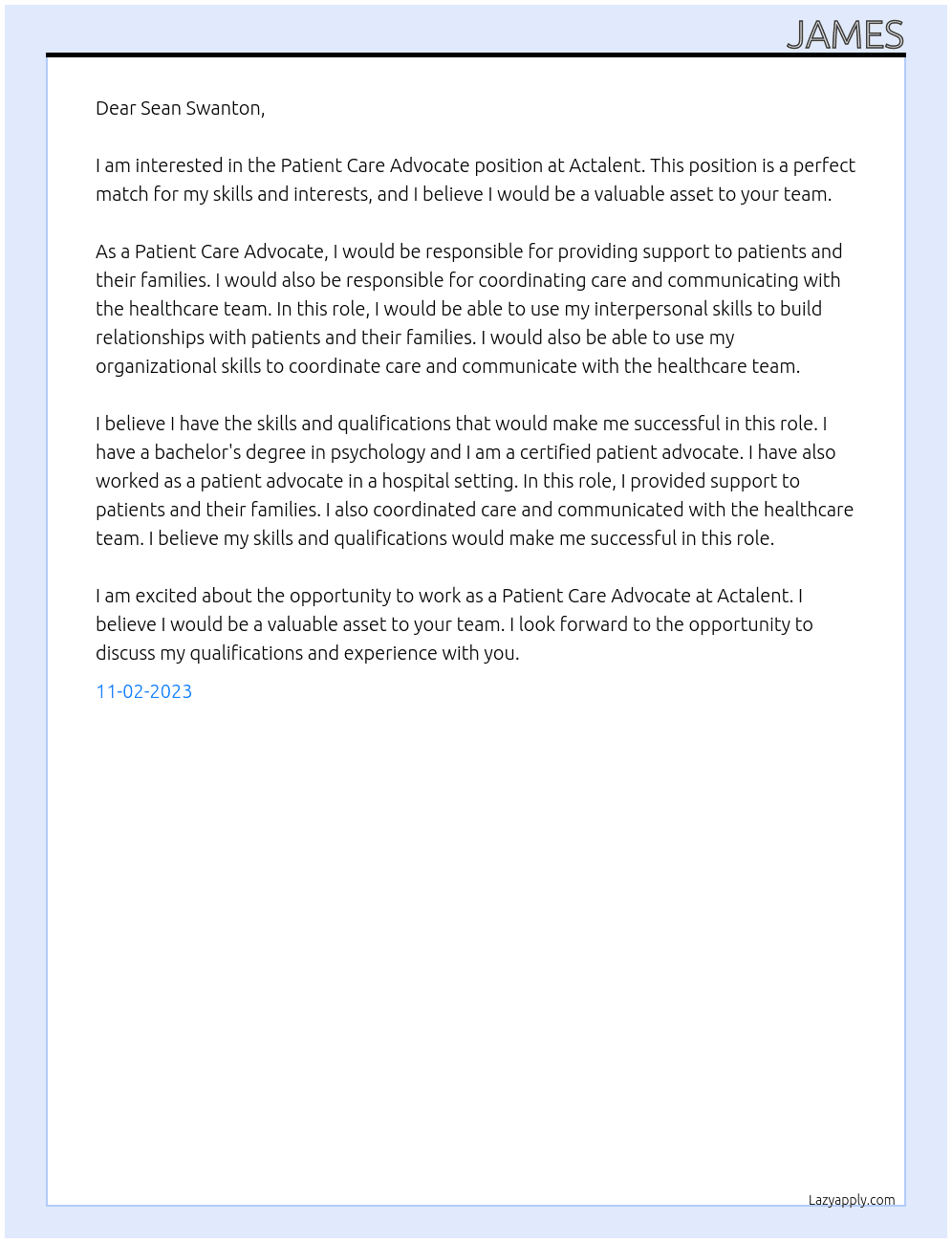 Patient Care Advocate At Actalent Cover Letter