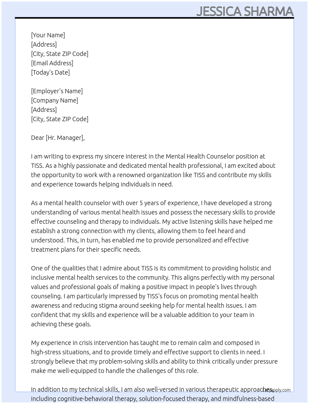 Mental Health Counselor At TISS Cover Letter