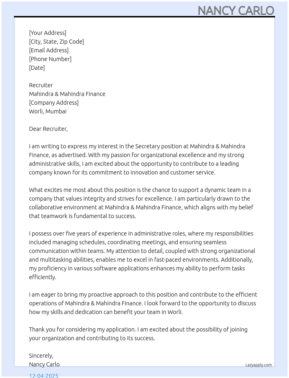 Cover letter for secretary - LazyApply