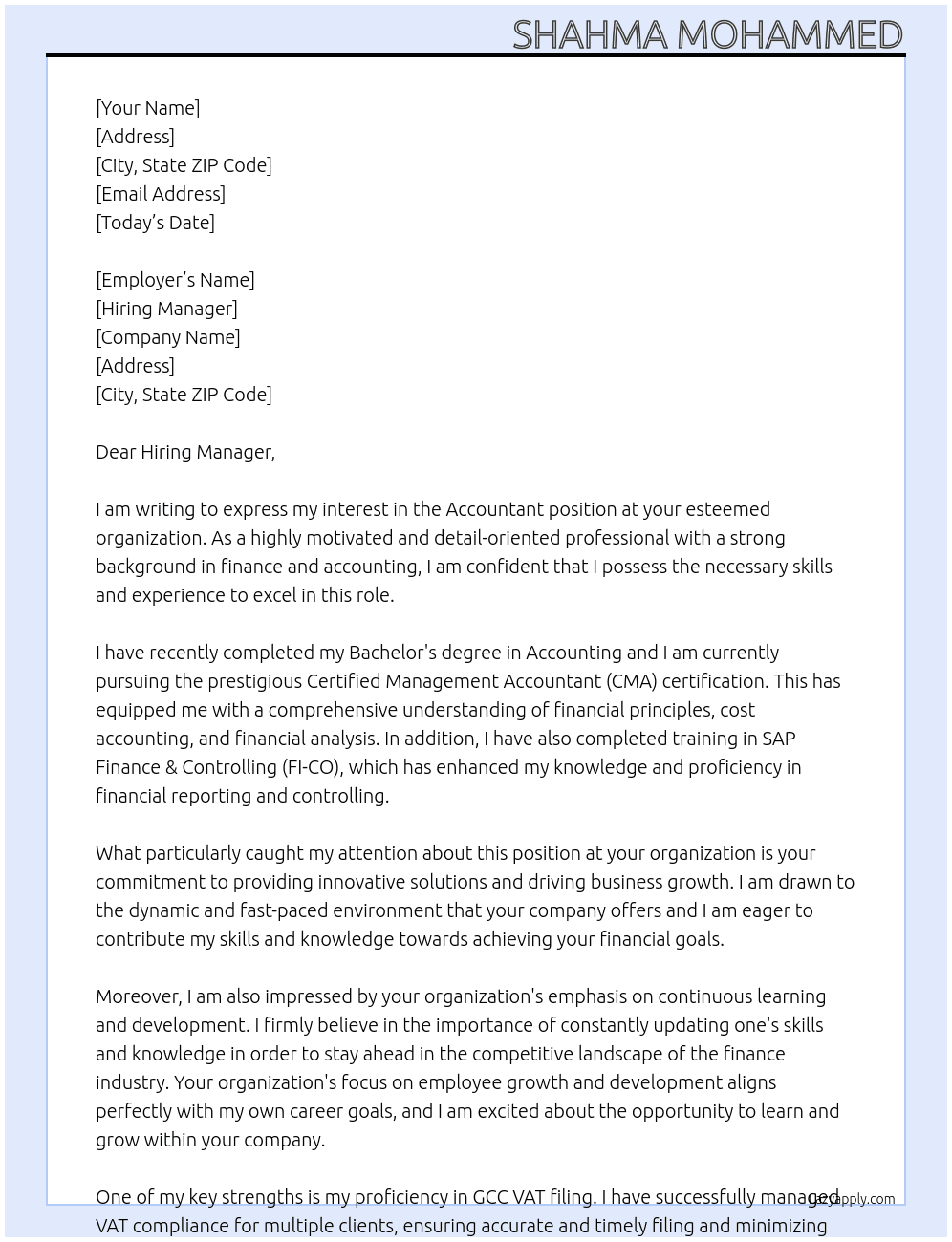 ACCOUNTANT At your esteemed organization Cover Letter