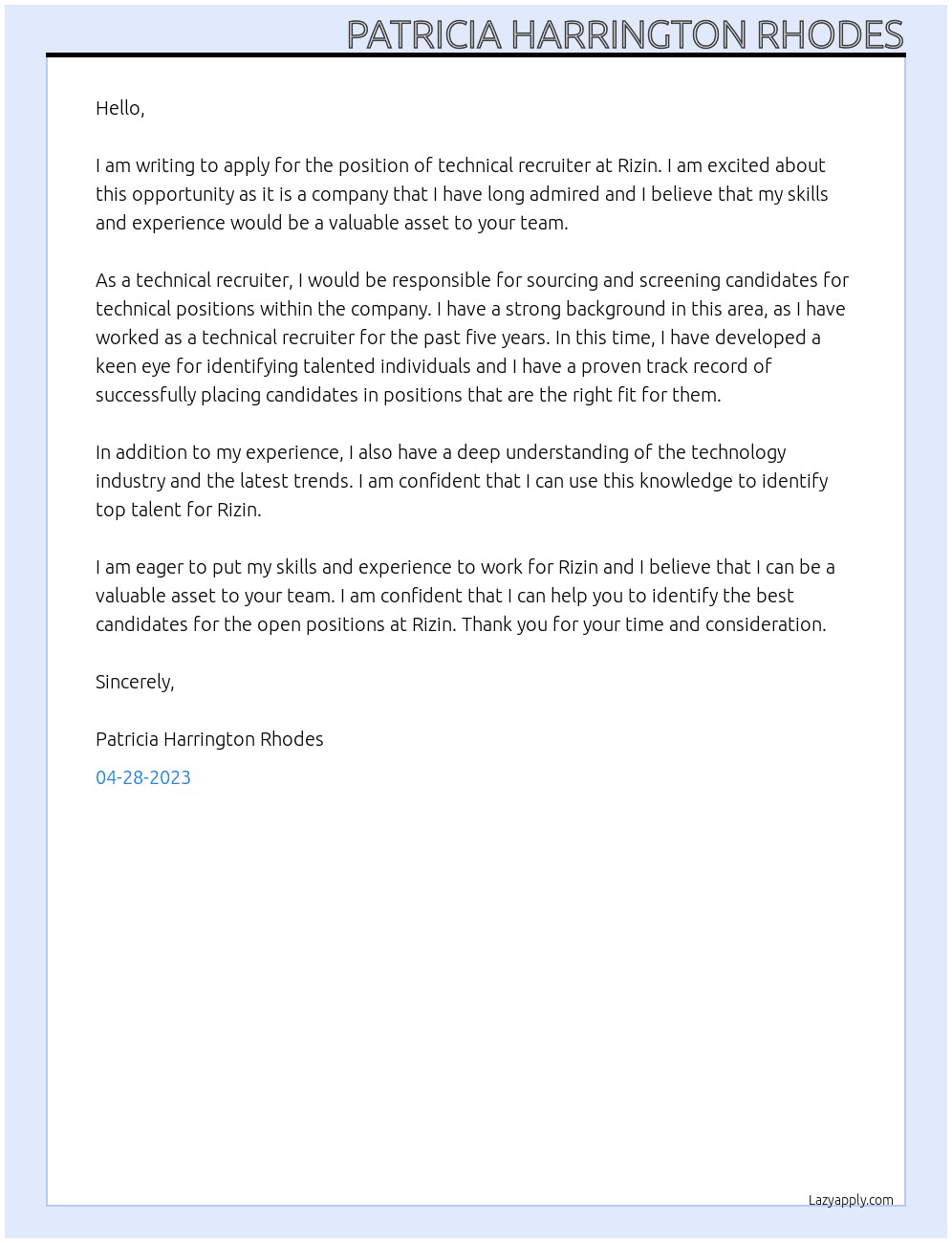 technical recruiter At rizin Cover Letter
