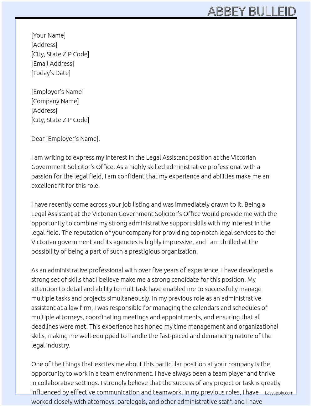 Legal Assistant At Victorian Government Solicitor's Office Cover Letter