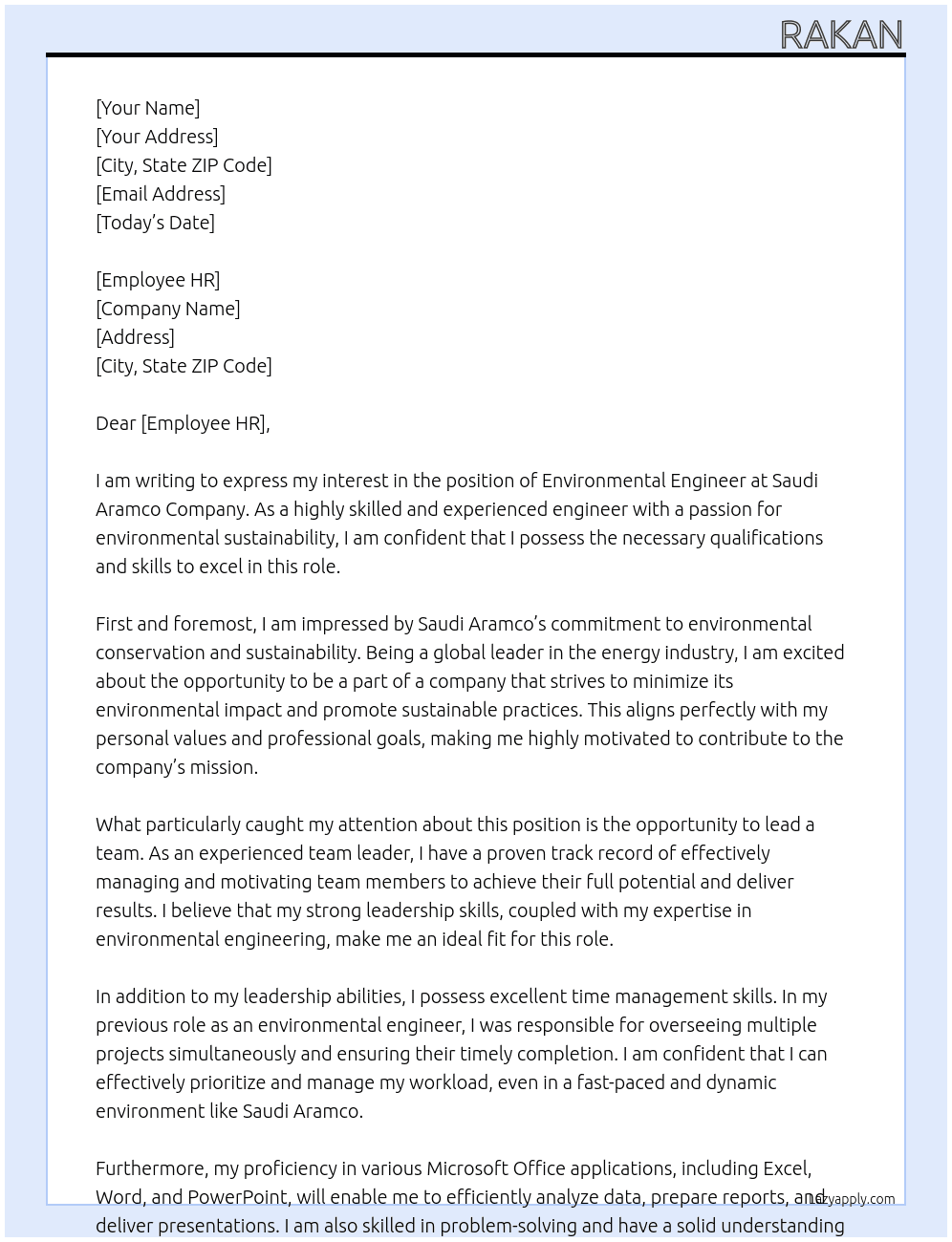 Environmental engineer  At Saudi aramco company Cover Letter